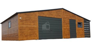 Blechgarage 9x6m + Überdachung 1m - Schwingtor - 2x Tür - 2x PVC Kippfenster - Helles Walnussholz - Holzoptik - Anthrazit - Satteldach ID542