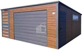 Blechgarage 4,5x6m + Überdachung 1m - Schwingtor - Tür - PVC Kippfenster - Holzoptik - Dachrinnen - Flachdach ID980