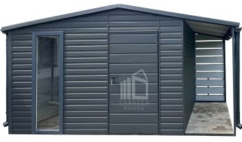 Gartenhaus - Gartenschuppen 4x4m + Überdachung 1m - PVC Kippfenster - Tür - Anthrazit - Dachrinnen - Satteldach GP568