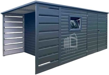 Gartenhaus - Gartenschuppen 4x2,5m + Überdachung 1m - Zweiflügeliges Tor - PVC Kippfenster - Anthrazit - Flachdach  GP567