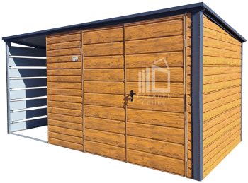 Gartenhaus - Gartenschuppen 3,5x2m + Überdachung 1,5m - Zweiflügeliges Tor - Holzoptik - Flachdach ID971