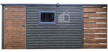 Gartenhaus - Gartenschuppen 4x3m + Überdachung 1m - PVC Kippfenster - Holzoptik - Norwegische Kiefer - Flachdach GP622