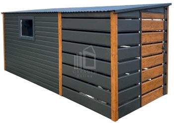 Gartenhaus - Gartenschuppen 3x2m + Überdachung 2m - 2x Tür - PVC Kippfenster - Holzoptik - Flachdach GP554