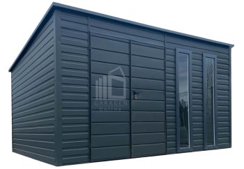 Gartenhaus - Gartenschuppen 4,5x3m - Zweiflügeliges Tor - 2x PVC Fenster - Anthrazit - Flachdach GP560