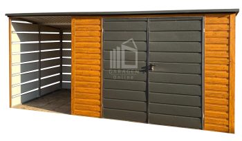 Gartenhaus - Gartenschuppen 3x2m + Überdachung 1,5m - Zweiflügeliges Tor - Holzoptik - Flachdach | GP559 |