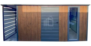 Gartenhaus - Gartenschuppen 3,5x2m + Überdachung 0,7m - Tür - Holzoptik - Flachdach GP553