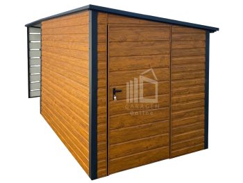 Gartenhaus - Gartenschuppen 3x2m + Überdachung 2m - Tür - Holzoptik - Flachdach GP552