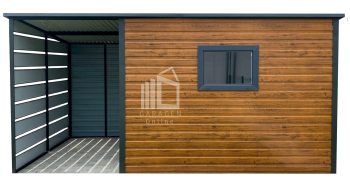 Gartenhaus - Gartenschuppen 3x2m + Überdachung 1,5m - Tür - PVC Kippfenster - Holzoptik - Flachdach GP548