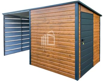 Gartenhaus - Gartenschuppen 2x2m + Überdachung 2m - Tür - Holzoptik - Flachdach GP547