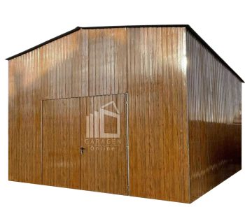 Blechhalle 6x6m - Zweiflügeliges Tor - 2x PVC Kippfenster - Holzoptik - Satteldach ID938