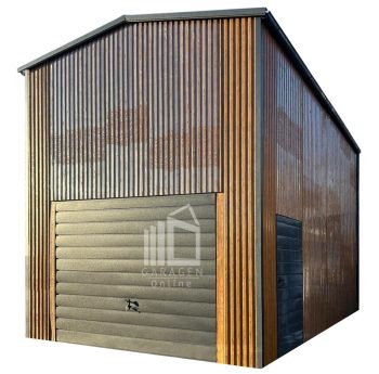 Blechhalle 5x6m - Schwingtor - Tür - Holzoptik - Anthrazit - Dachrinnen - Satteldach ID937