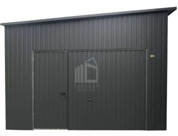 Blechgarage 4,5x10m - 2x Schwingtor - 2x Tür - PVC Kippfenster - Anthrazit - Dachrinnen - Dach mit seitlichem Gefälle | ID925 |