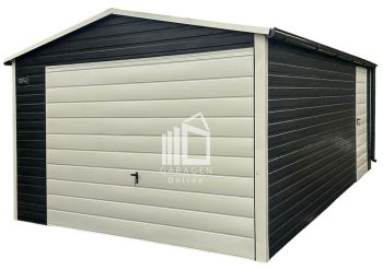 Blechgarage 3,5x5m - Schwingtor - Tür - Norwegische Kiefer - Holzoptik - Dachrinnen - Satteldach ID923