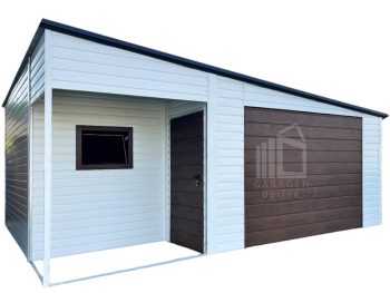 Blechgarage 6x5m - Wandnische in der Garage 2m - Schwingtor - PVC Kippfenster - Tür - Weiß - Holzoptik - Dach mit einer Neigung nach rechts  ID914