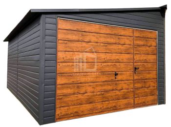 Blechgarage 3,5x6m - Schwingtor mit Zusätzliche Tür - Holzoptik GP90