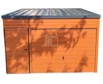 Blechgarage  4x5m -Schwingtor Tür - Holzoptik - Dachrinnen GP199