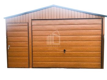 Blechgarage 4x6m - Schwingtor + Zusätzliche Tür - Holzoptik - Satteldach GP95