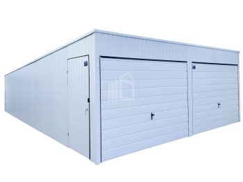 Blechgarage  6x7m -2x Schwingtor + Zusätzliche Tür Weiß Pultdach GP140