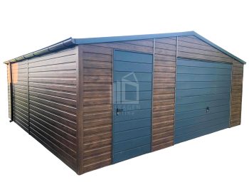 Blechgarage 6x6m -Schwingtor + Zusätzliche Tür Anthrazit 2x PVC Kippfenster + Dachrinnen - Holzoptik - Satteldach GP119