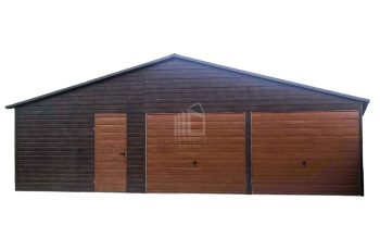 Blechgarage 10x5m 2x Schwingtor + Zusätzliche Tür - Holzoptik - Satteldach GP144