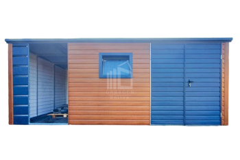 Gartenhaus - Gartenschuppen 4x2,5m + Überdachung 1,5m - Tür - PVC Kippfenster - Goldene Eiche - Holzoptik - Flachdach ID556