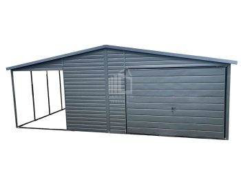 Blechgarage 5x6m + Überdachung - Schwingtor + Zusätzliche Tür- Anthrazit - Satteldach GP91