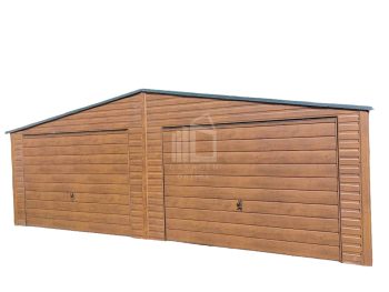 Blechgarage 7x5m-2x Schwingtor-HolzOptik-Helles Walnussholz-Satteldach GP203