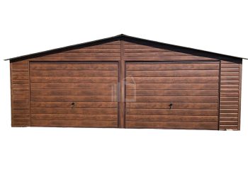 Blechgarage  7x6m - 2x Schwingtor + Zusätzliche Tür - holzoptik -  Satteldach GP130