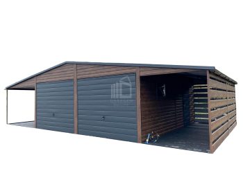 Blechgarage 6x6m-Überdachung 3mx6m-2xSchwingtor-Dachrinnen-Holzoptik-Metalldachziegel GP231