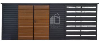 Gartenhaus - Gartenschuppen 4x3m + Überdachung 2m - Zweiflügeliges Tor - PVC Kippfenster - Anthrazit - Holzoptik - Dachrinnen - Flachdach GP616