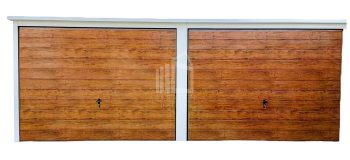 Blechgarage 6x5,8m Horizontal Blech 2x Schwingtor Pultdach Holzoptik Weiß ID114