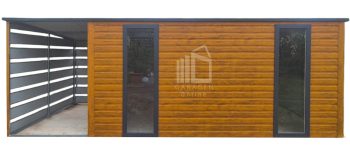 Gartenhaus - Gartenschuppen 4x2,5m + Überdachung 1,5m - Tür - 2x PVC fenster - Holzoptik - Flachdach GP614