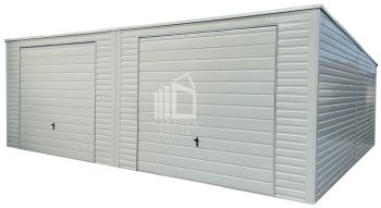 Blechgarage 8x7m - 2x Schwingtor - Weiß - Dachrinnen - Flachdach GP524