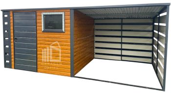 Gartenhaus - Gartenschuppen  2,5x2,5m + Überdachung - Tür - PVC Kippfenster - Holzoptik - Anthrazit - Flachdach GP526