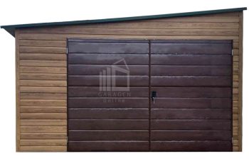 Blechgarage 4x7m Zweiflügeliges Tor - PVC Kippfenster - Holzoptik - Pultdach mit Neigung zur Seite ID898