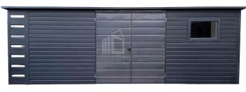 Gartenhaus - Gartenschuppen 6x2,5m + Überdachung 0,5m - Zweiflügeliges Tor - PVC Kippfenster - Anthrazit - Flachdach ID897