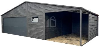 Blechgarage - Premium Garage 8x6m + Überdachung 3x6m - Sektionaltor - Tür - PVC Kippfenster - Norwegische Kiefer - Anthrazit - Holzoptik - Dachrinnen - Satteldach ID892