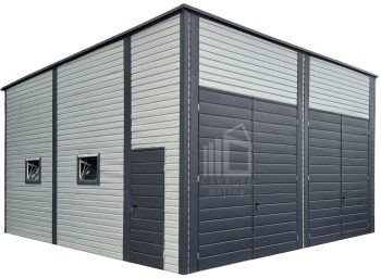 Blechhalle - Lagerhalle 7x8m - 2x Zweiflügeliges Tor - 4x PVC Kippfenster - Tür - Anthrazit - Silber - Dachrinnen - Flachdach | ID893 |