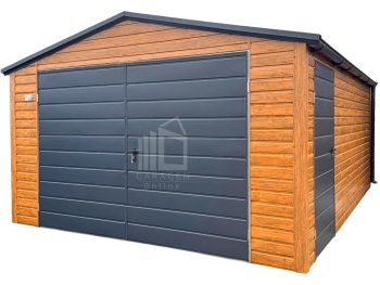 Blechgarage 4,5x6m Zweiflügeliges Tor - Tür - Holzoptik - Anthrazit - Dachrinnen - Satteldach ID890