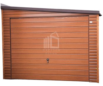 Blechgarage 3,5x6m Horizontal Blech Dach mit einer Neigung nach rechts 2x Schwingtor Holzoptik ID161