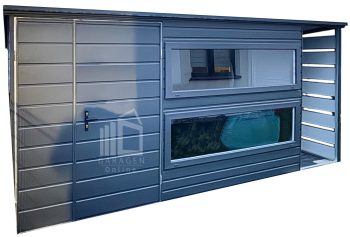 Gartenhaus - Gartenschuppen 3,8x2,5m + Überdachung 0,7m - Zweiflügeliges Tor - 2x PVC Kippfenster - Anthrazit - Dachrinnen - Flachdach ID877