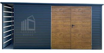 Gartenhaus - Gartenschuppen 4,5x2m + Überdachung 0,5m - Zweiflügeliges Tor - Holzoptik - Anthrazit - Flachdach | GP609 |