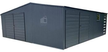 Blechgarage 7x7,5m + Wandnische in der Garage 2,5m - 2x Zweiflügeliges Tor - 2x PVC Kippfenster - Anthrazit - Satteldach GP481