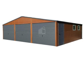Blechgarage 9x6m Horizontal Blech Dachrinnen 3x Schwingtor 2x PVC Kippfenster Holzoptik ID216
