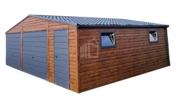 Blechgarage 8x7m 2x Schwingtor 2x PVC Kippfenster Metalldachziegel Holzoptik ID271