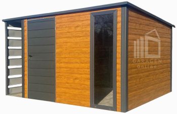 Gartenhaus - Gartenschuppen 3,5x3m + Überdachung 0,7m - Tür - PVC Kippfenster - Holzoptik - Anthrazit - Flachdach GP607