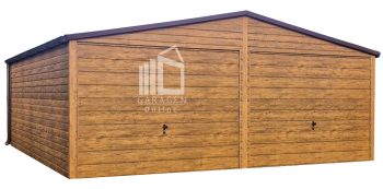 Blechgarage 6x6,5m - 2x Schwingtor - Holzoptik - Helles Walnussholz - Dachrinnen - Satteldach ID846