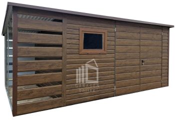 Gartenhaus - Gartenschuppen 4x3m + Überdachung 1m - Zweiflügeliges Tor - PVC Kippfenster - Holzoptik - Flachdach ID841