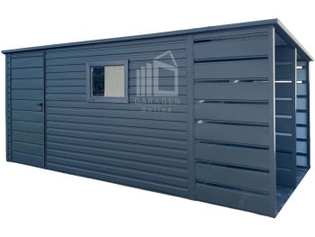 Gartenhaus - Gartenschuppen 3,8x2,5m + Überdachung 1,2m - Tür - PVC Kippfenster - Anthrazit - Flachdach GP459