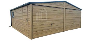 Blechgarage 6x5,8m - 2x Schwingtor - Tür - PVC Kippfenster - Holzoptik - Winchester - Dachrinnen - Satteldach GP454